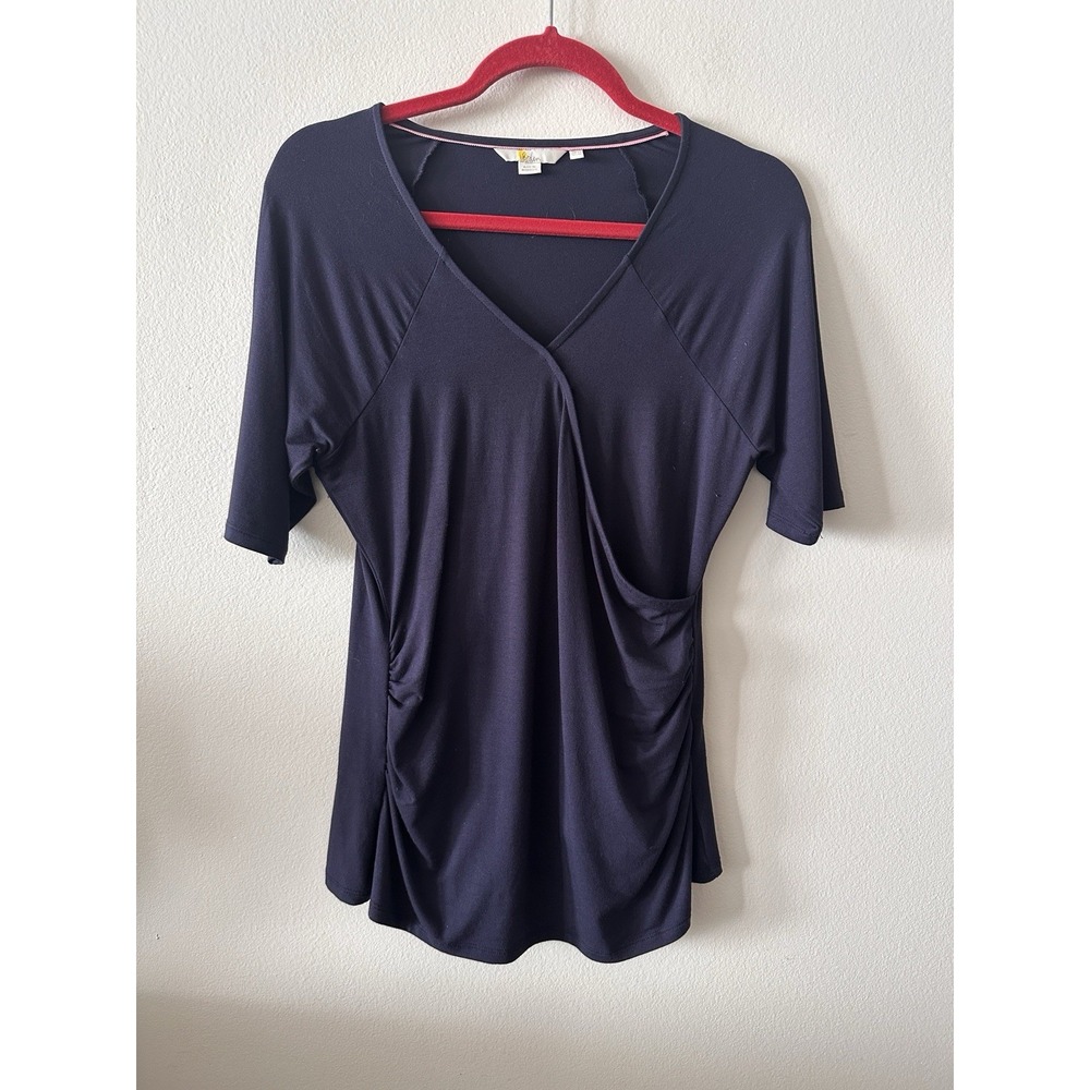 Boden Top Womens 10 Blue Viscose Blend Short Sleeves V Neck Wrap Tunic Top